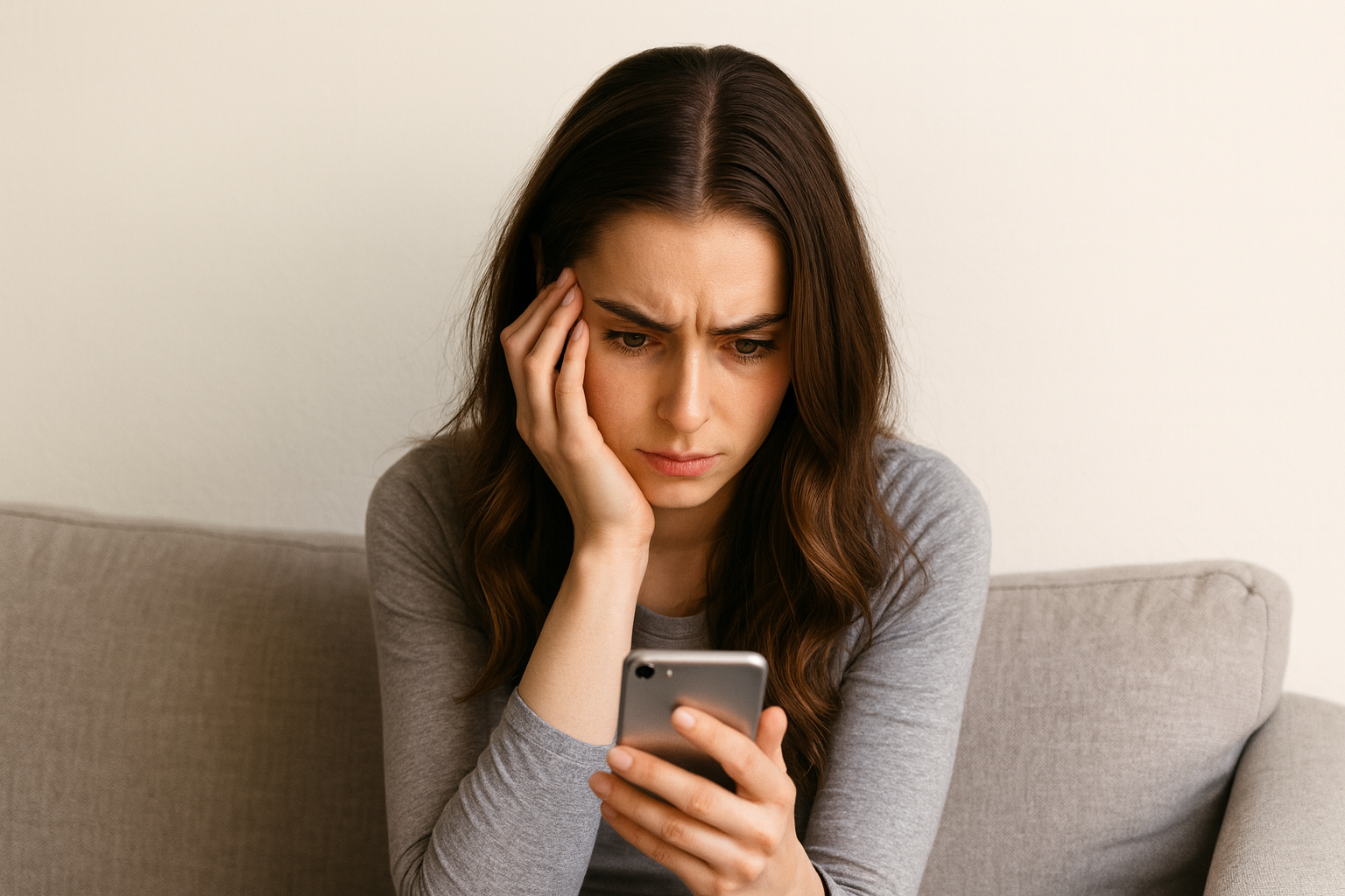 Frau schaut nachdenklich aufs Handy